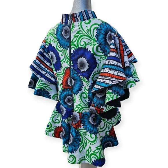 Handmade Abstract Oversized Dramatic Ruffle Sleeve Peplum Blue Green Top - Picture 7 of 9